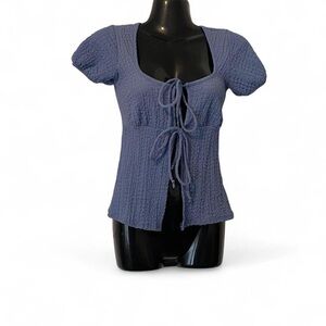 See You Monday Textured Blue double tie up blouse with puff sleeves